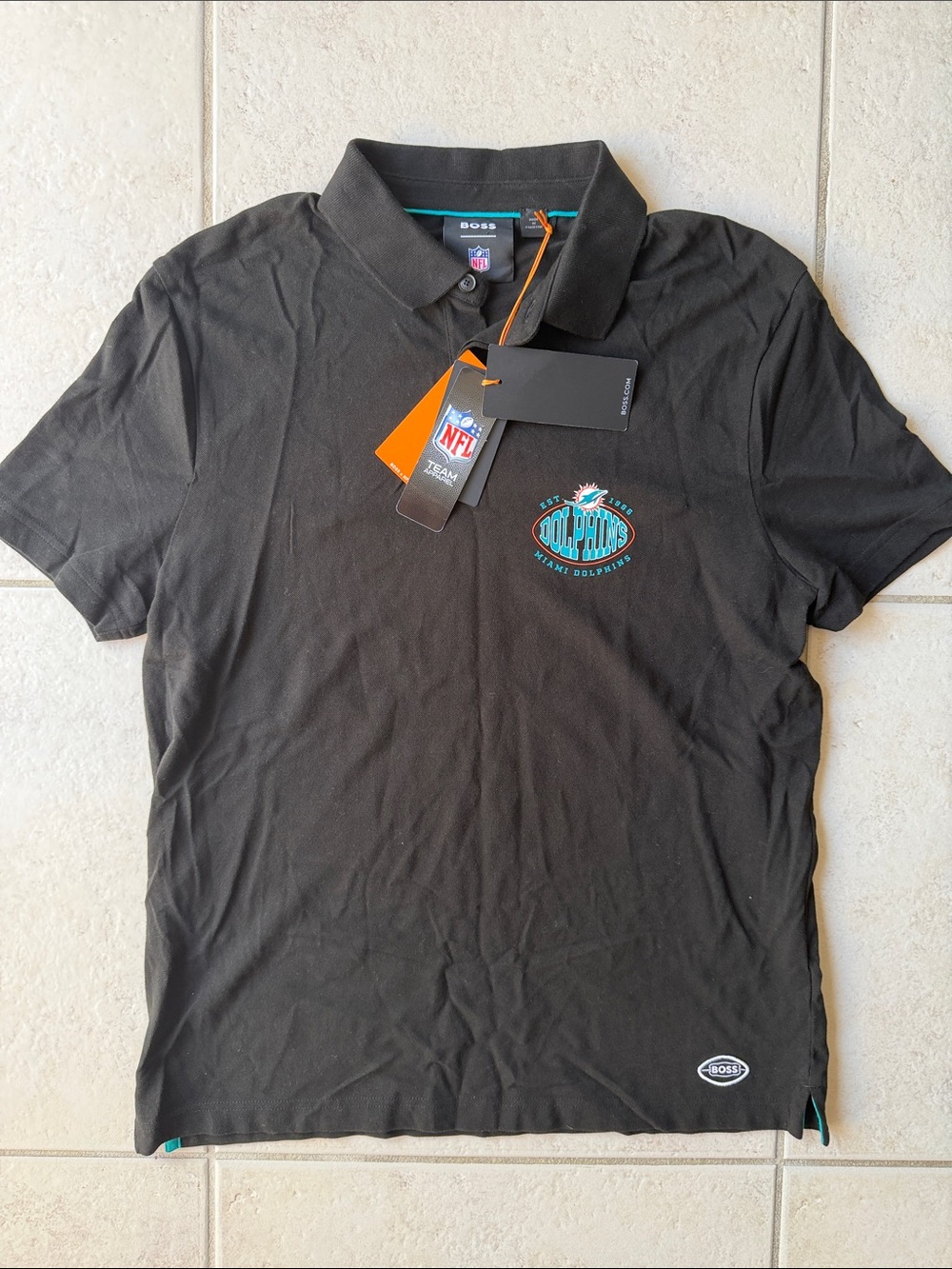 NWT Boss Black Polo with Miami Dolphins Teal Logo